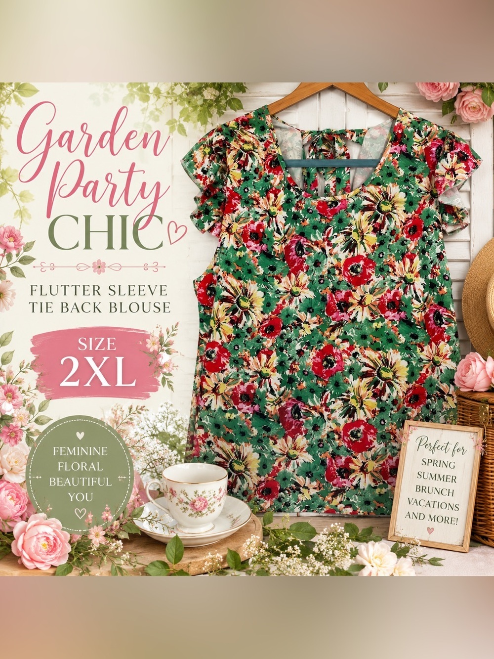 Women’s Plus Sz 2XL Floral Flutter Sleeve Tie Back Blouse Colorful Garden Print